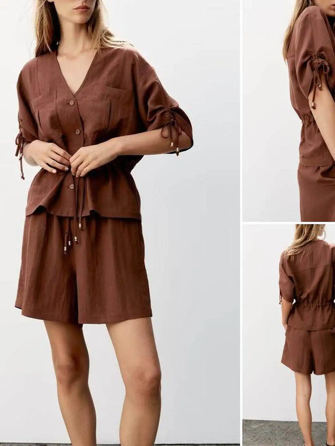 Summer Hunt Suit Short Sleeve Beaded Decoration Casual Outerwear And Shorts Women's Fashion Set Polyester Fiber V-Neck Office...