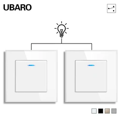 EU 1Gang 2 Way White Glass Panel Wall Light Dual Push Switch LED Indicator Stair Pass Through Buttons or Bed Room Cross Switches