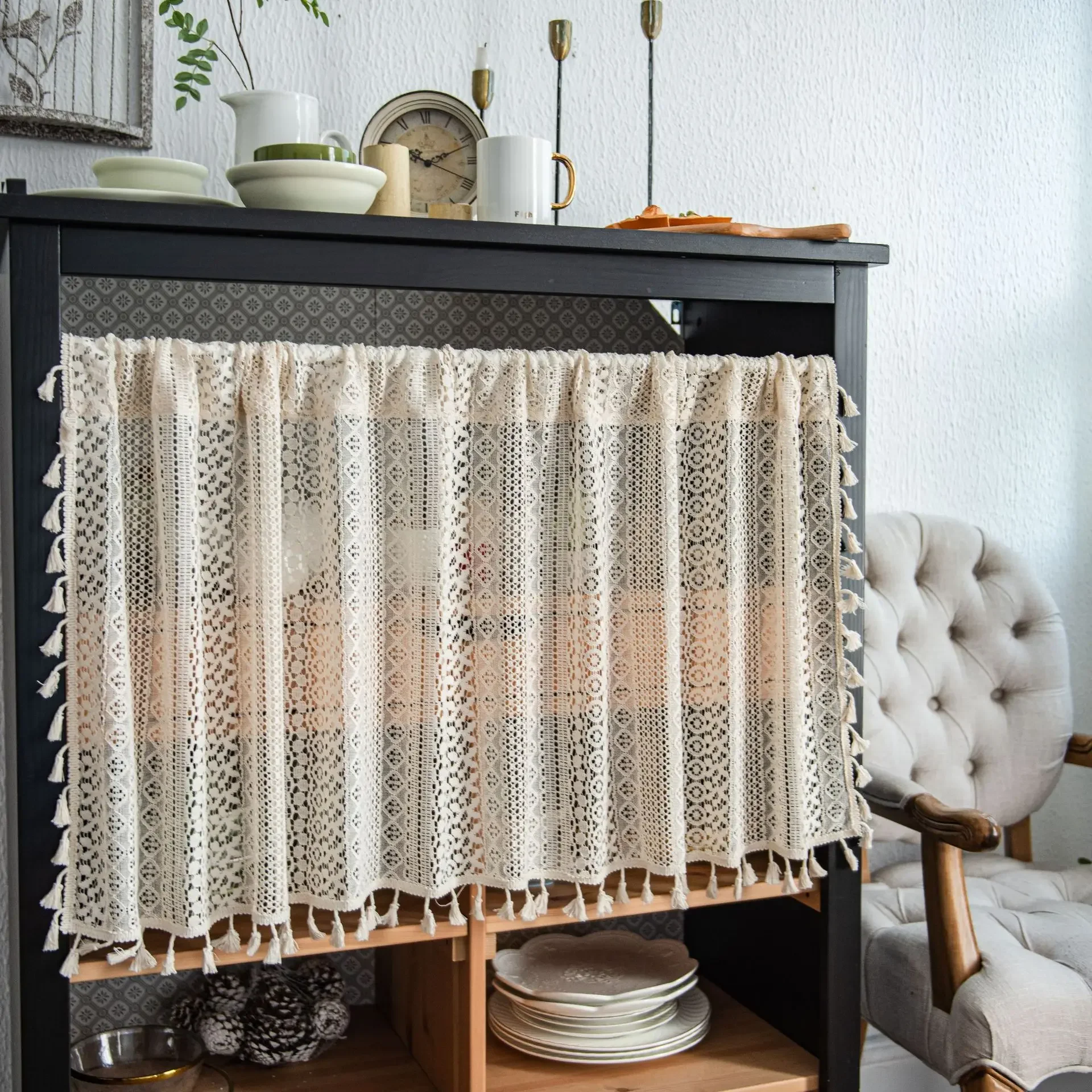 Tassels Beige Crochet Yarn Cotton Half Curtains Sheer Short Curtains Rod Pockets Lace Translucent Kitchen Cabinet Decorative