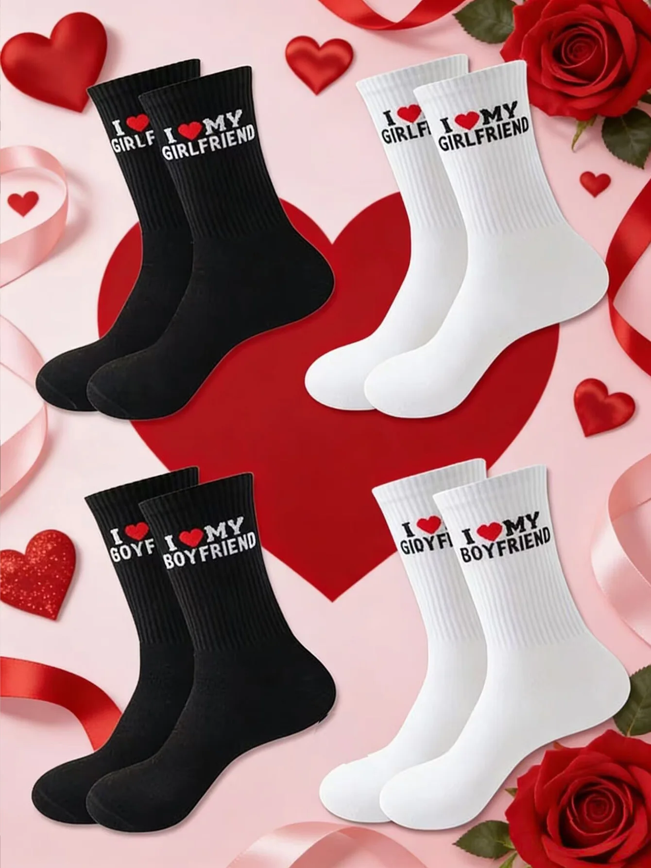 4 Pairs of Unisex Valentine's Day Limited Edition Love Letter Mid-Calf Socks