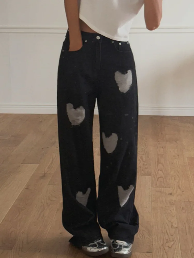 

Джинсы скинни с высокой талией, женские винтажные джинсовые брюки с сердечками и дырками, шикарные карбоновые джинсовые брюки, прямые брюки