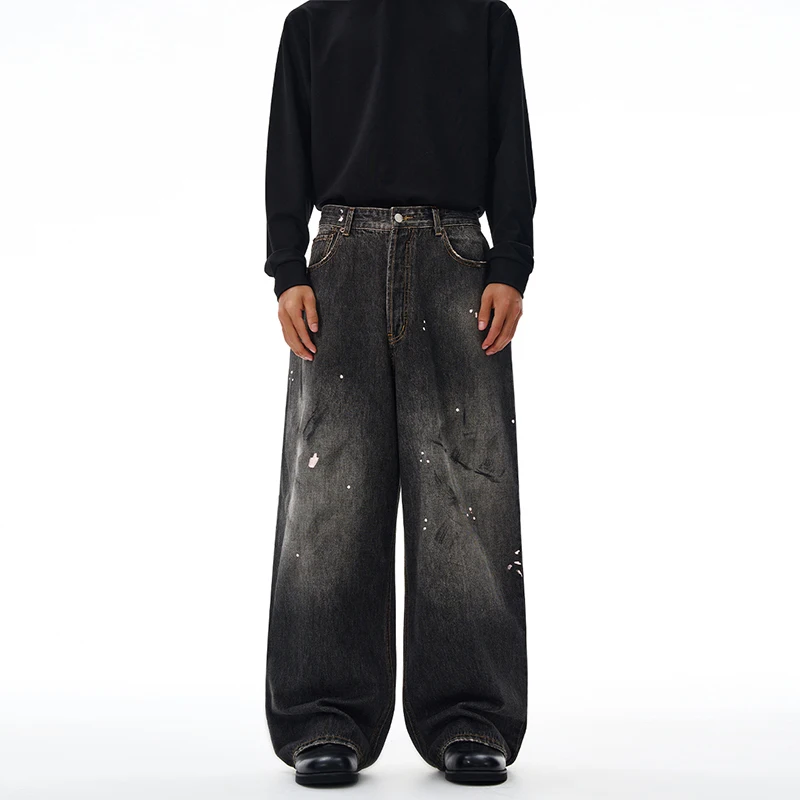 جينز رمادي أسود عتيق لخريف 2025 للرجال، فضفاض مستقيم، أرجل واسعة، سروال Y2K عصري وحنين