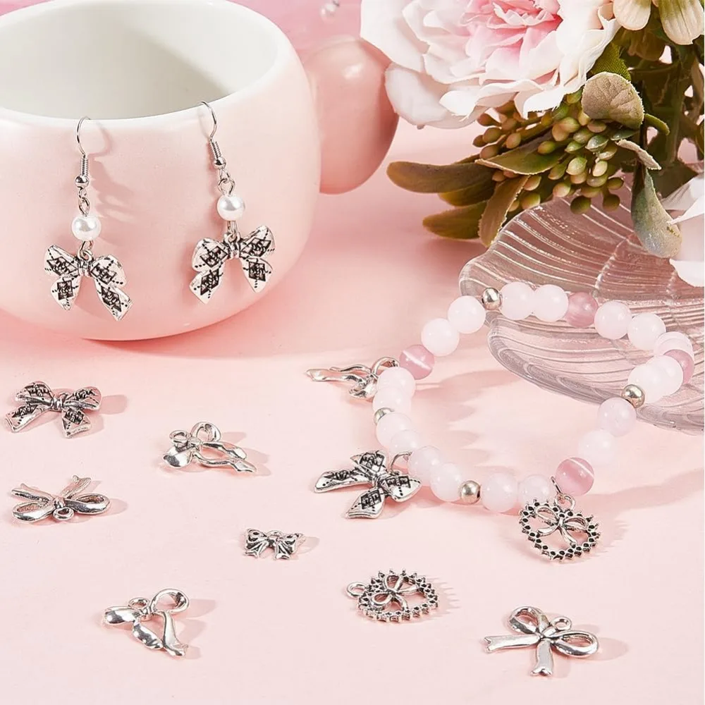 50 ชิ้น 5 รูปแบบ Bow Charms Bowknot Charm Silver Hollowed ทิเบตสไตล์ฮาโลวีนคริสต์มาส Charms สําหรับเครื่องประดับทําชุด