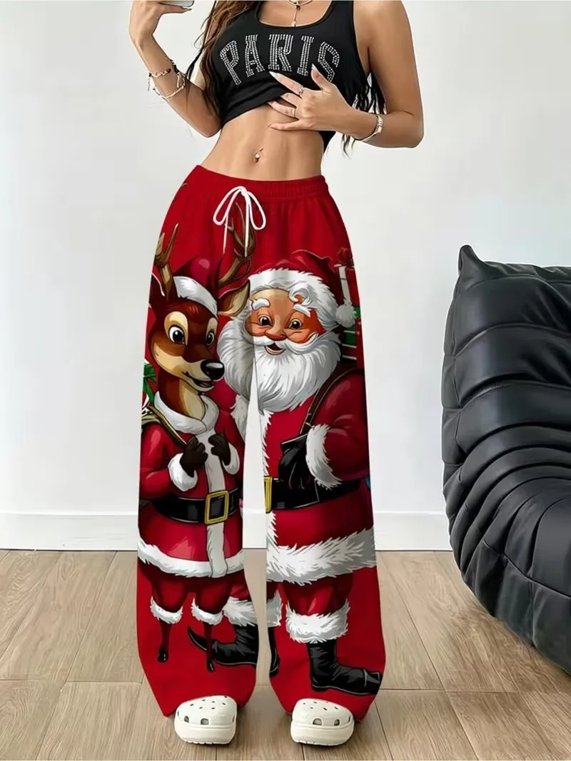 3D classic Christmas element printed pants women's autumn fashion pocket drawstring regular versatile casual sports pants