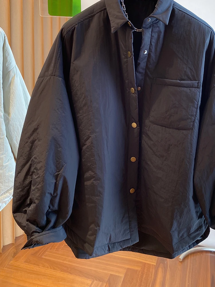 سترة قطنية خفيفة الوزن للنساء لفصل الشتاء، فضفاضة بياقة وأزرار مخفية، دافئة، جاكيت قطني خارجي بياقة بولو وأكمام طويلة #3