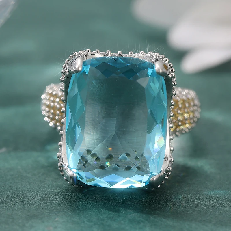 Modischer, mit meerblauen CZ-Steinen besetzter Damenring, exquisite silberfarbene Geometrie, für den täglichen Gebrauch, Partyschmuck, Jubiläumsgeschenk – Detail 2