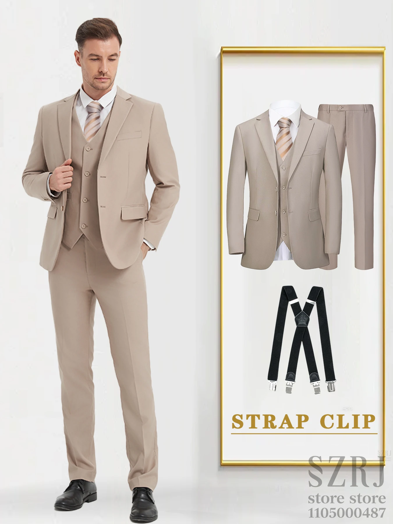 

4-Piece Men's Suit Set: Vest+Jacket+Pants+Straps | Regular Fit, V-Neck Classic Style for Wedding/Business/Banquets