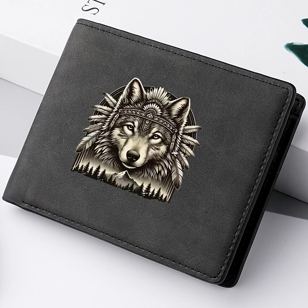 Vintage PU-Leder Herren Mini-Bifold-Geldbörse mit Indianer-Wolfskopf-Druck, mehreren Kartenfächern und Geldfach, geeignet für US-Dollar