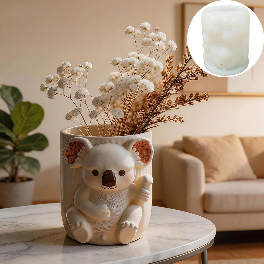 2026 New Mould Cartoon Koala-Shaped Plaster Vase Silicone Mold DIY Desktop Decorative Storage Tube Pen Holder and Ornament Molds
