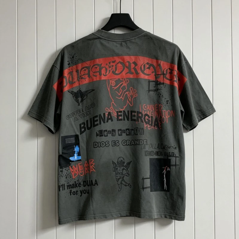 Vintage Distressed Washed Worn DUAA Tshirt Graffiti Frog Hotfix Rhinestone Letter Round Neck Short Sleeve Men Women Streetwear
