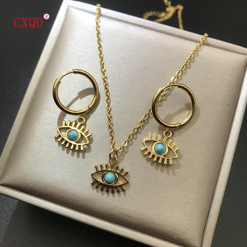 Stainless Steel Turquoise Sky Eye Pendant Necklace Earrings Set for Women Men Charm Trendy Jewelry Accessories Wholesale Gifts