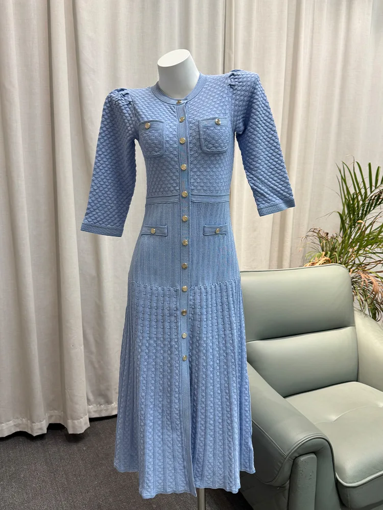 CHUJIE 2025 Robe d'été d'inspiration française – Midi en tricot transparent avec accent de boutons, coupe défini à la taille en kaki/bleu