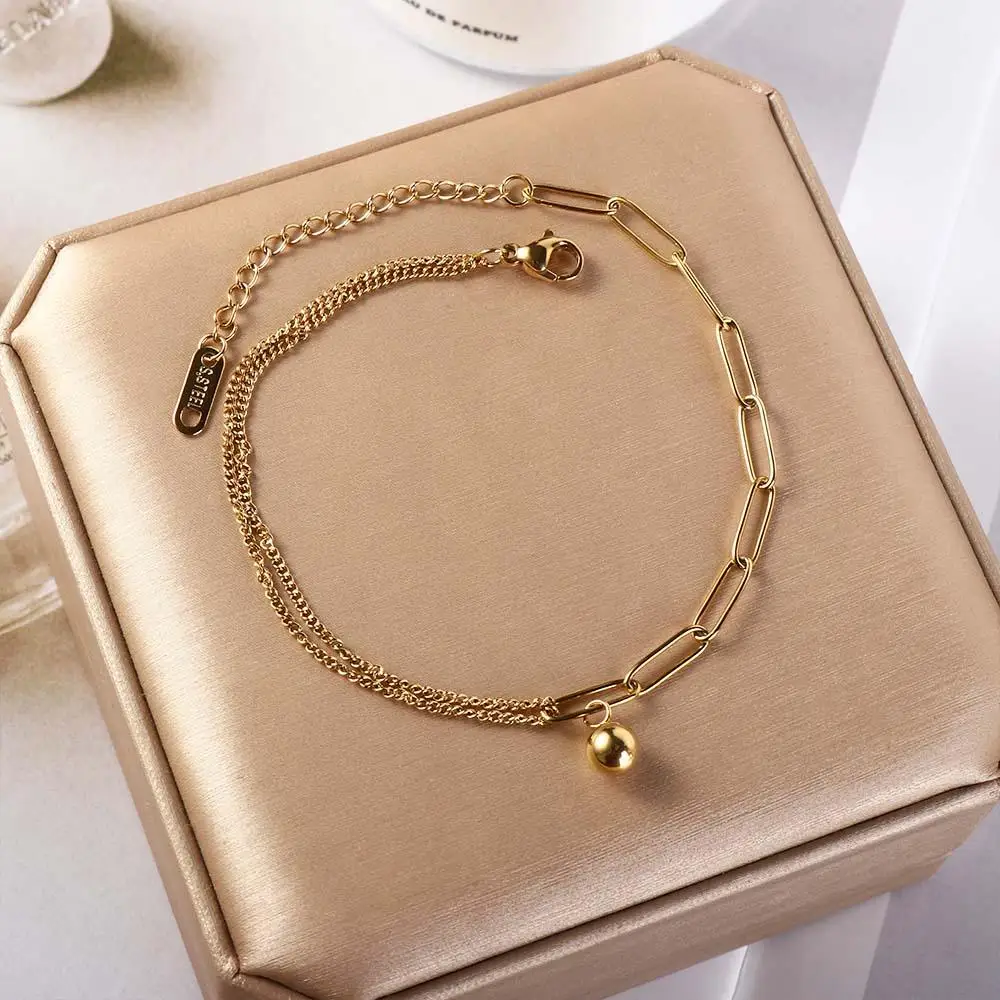Foot Jewelry Titanium Steel Double-Layered Trending Anklet Hypoallergenic Bead Bohemian Adjustable Party