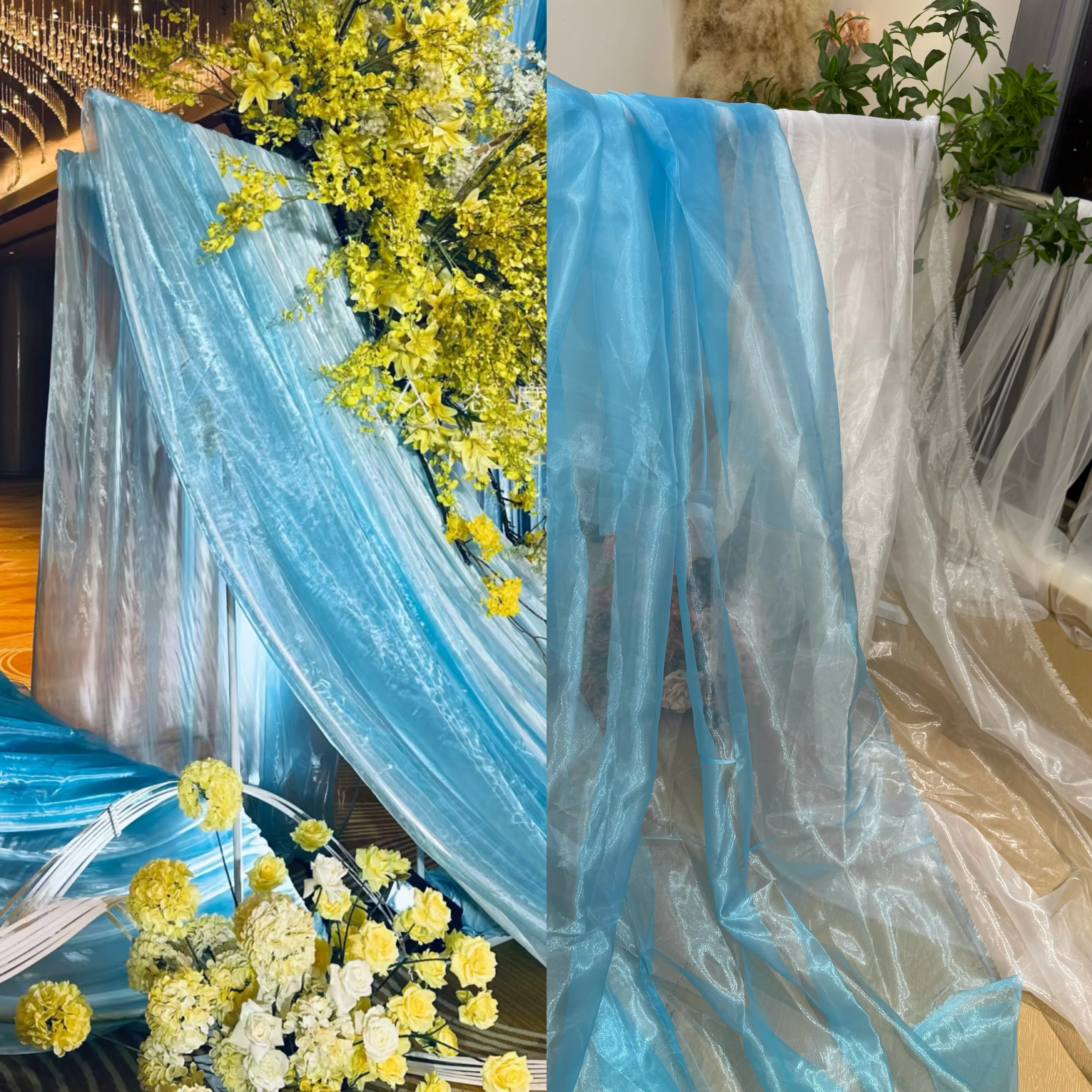 Lake Blue Pearlescent Streamer Yarn Transparent Mesh Draping Fabric for Wedding Stage Layout Voile Background Fabric
