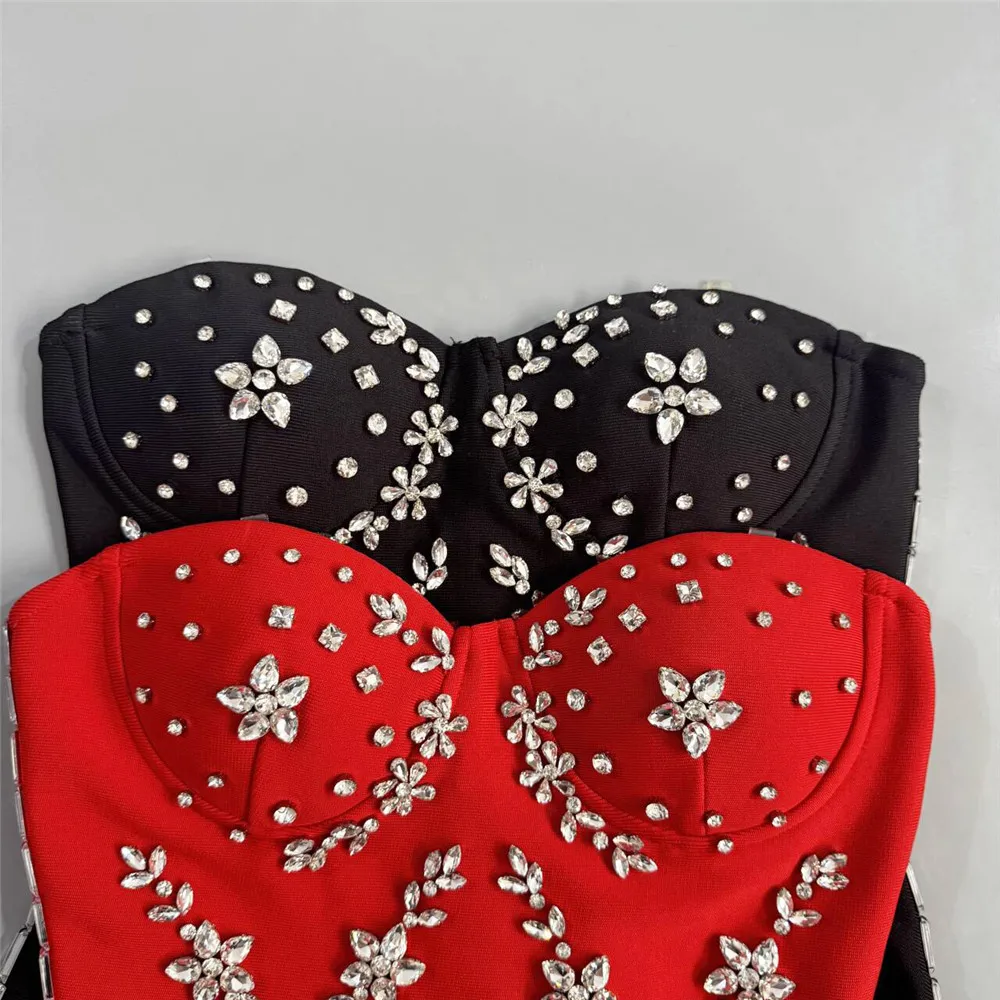 Women Luxury Beading Strapless Bandage Dress Elegant Clothes Club Party Celebrity Mini Dresses