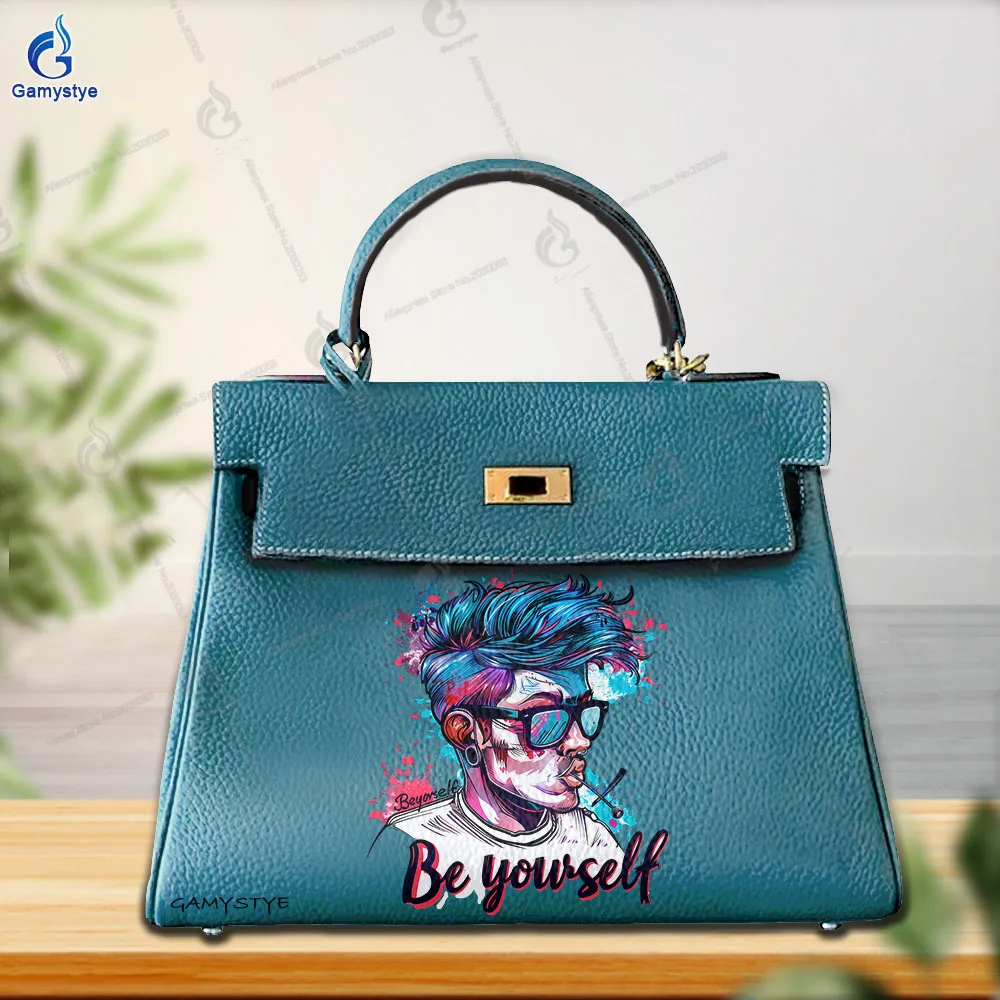 فن طباعة تخصيص حقائب اليد الكرتون مجردة شخصية الصورة الرمزية طباعة عالية الجودة جلد طبيعي حقائب النساء حقائب بيد الصليب