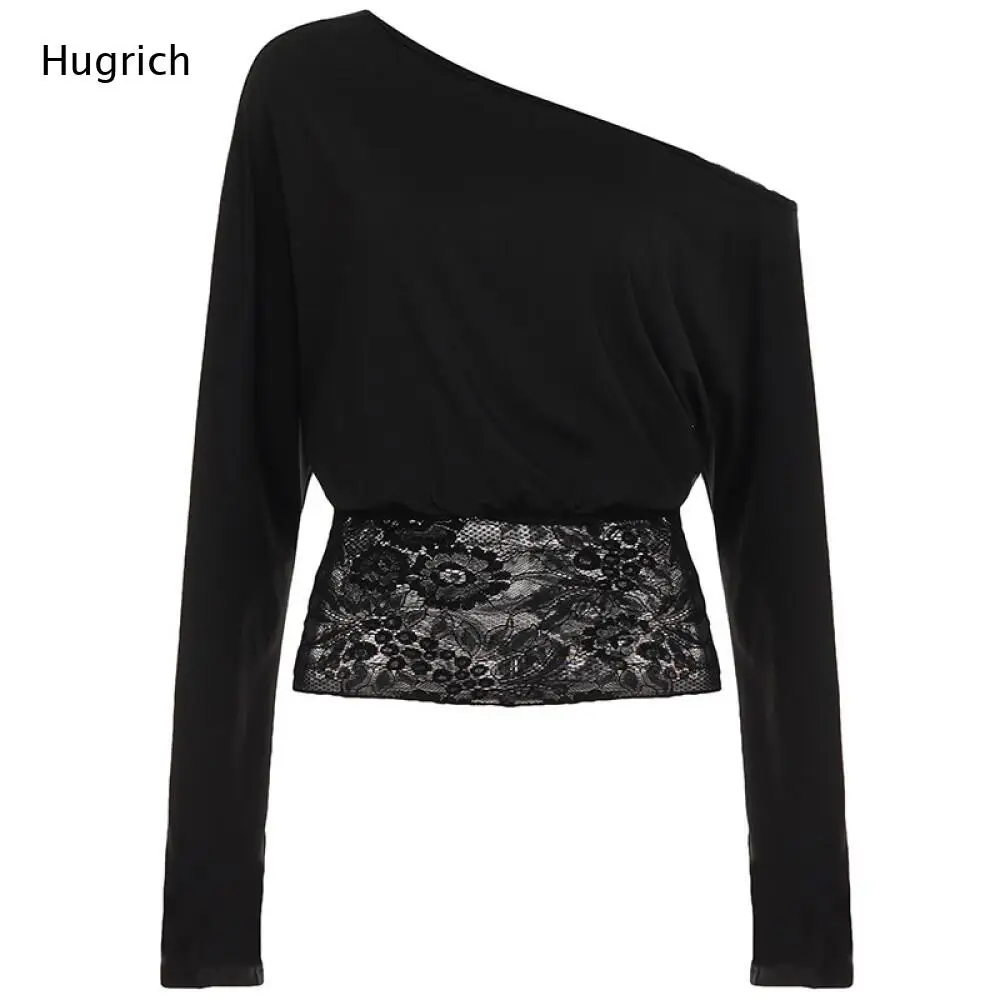 Women's Long Sleeve Diagonal Shoulder Blouse Lace Waist Splicing Slim Cropped Design Casual Daily Bar Party Fashion Top