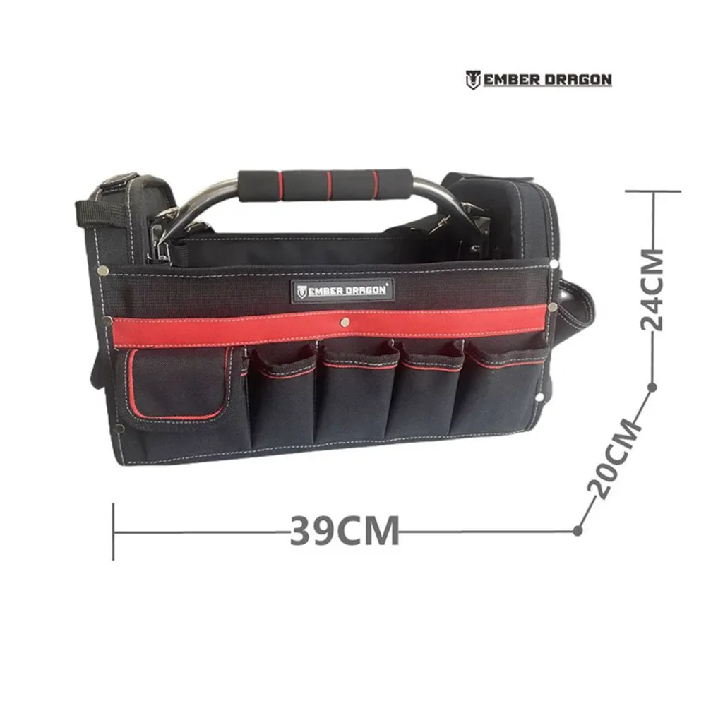 Heavy Duty Oxford Cloth Tool Bag Professional Electrician Tool with Open Steel Handle Shoulder Strap Pockets Reinforced Material