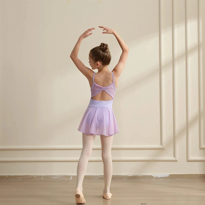 여아 발레 레오타드 아동 캐미솔 메쉬 발레 드레스 키즈 백 리본 매듭 댄스 바디수트 (댄스 공연용)