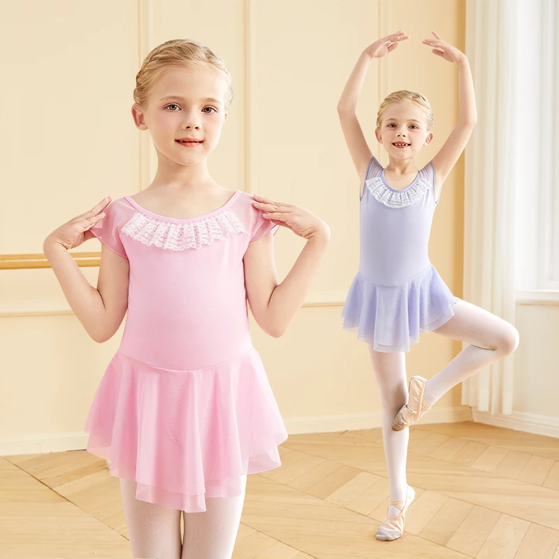 Ballett-Trikot für Mädchen, Tutu-Kleid mit Spitzenkragen, Sommer-Tanz-Trainingskleidung, atmungsaktives Mesh-Gymnastik-Outfit