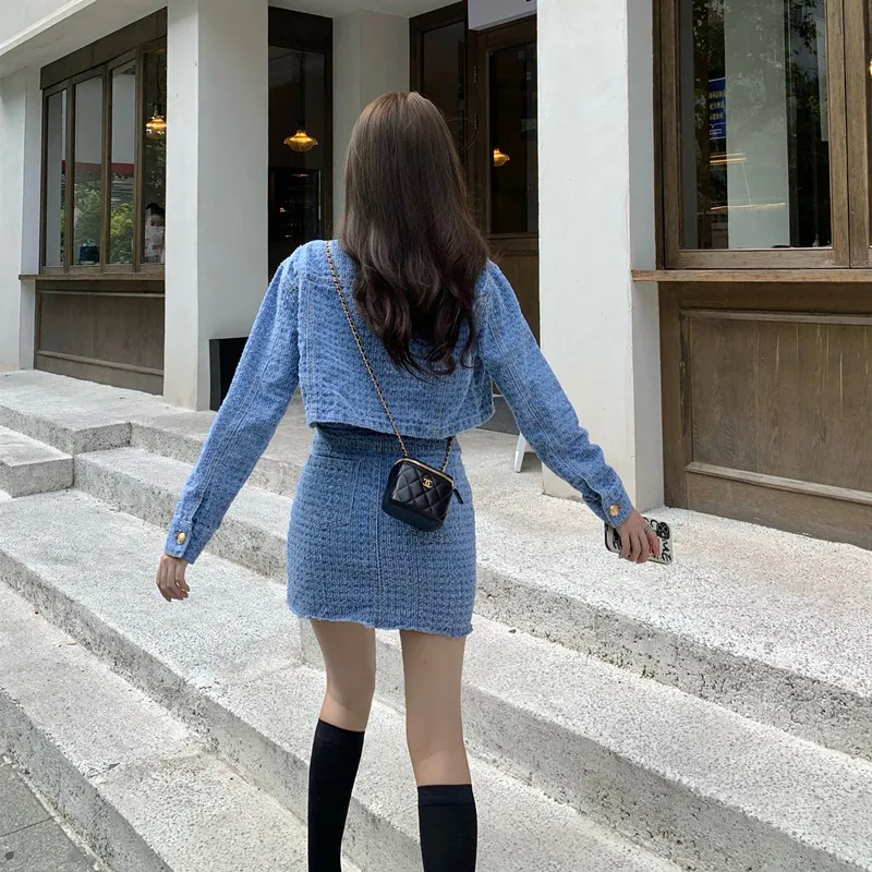 2022 Spring New Female Skirt Wear Suit Casual European And American Fashion Denim Jacket And Irregular Skirt Two-Piece Set