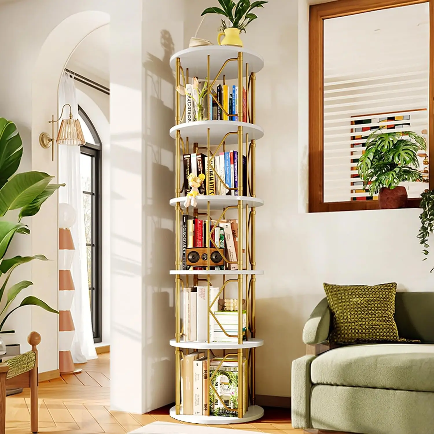 5 Tier Rotating Bookshelf 360° Spinning Narrow Swivel Vertical Corner Organizer Bedroom Living Room Gold White, Customized