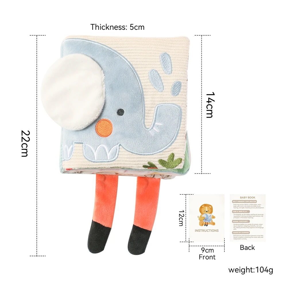Babyspielzeug, Stoffbuch, frühes pädagogisches Baby, 0–12 Monate, sensorisches Spielzeug, weiche Bücher, Spielzeug, flauschiges Cartoon-Elefant-Bücher-Spielzeug