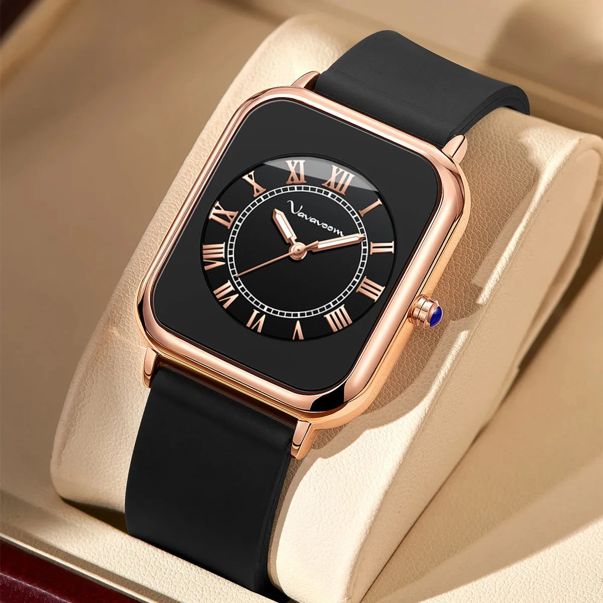 2024 New Women\'s Square Watch Fashion Silicone Strap Simulated Smart Dial 35mm Black Rose Gold Quartz Movement Girls Gift Watch