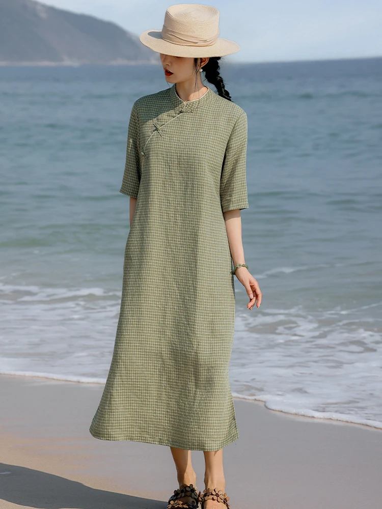 

Новинка 2026: Женское длинное платье в китайском стиле из хлопка и льна, весеннее, винтажное, в клетку, элегантное, приталенное, в стиле чонсам, M2343