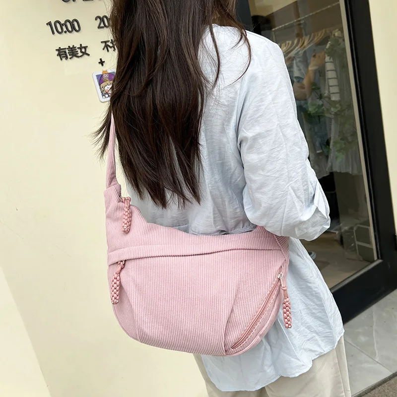 

Women Crossbody Bag, Corduroy Crescent Sling Bag with Zipper & Pockets, Affordable Shoulder Purse for Work Travel School