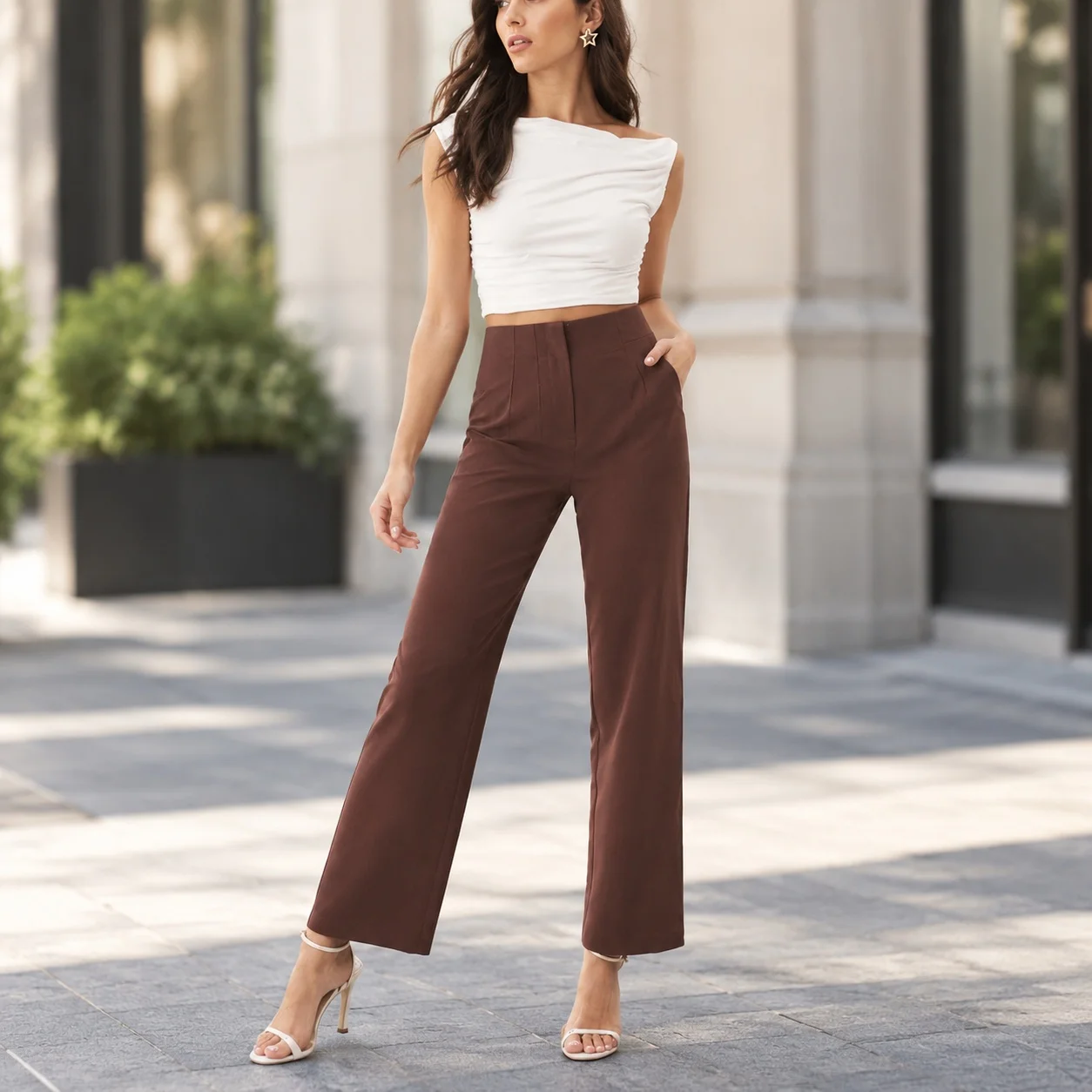Casual High Waist Pants with Relaxed Fit Slight Stretch Pleated Women Pants Spring Autumn Commuter Chic Long Nine Inch Slim Fit