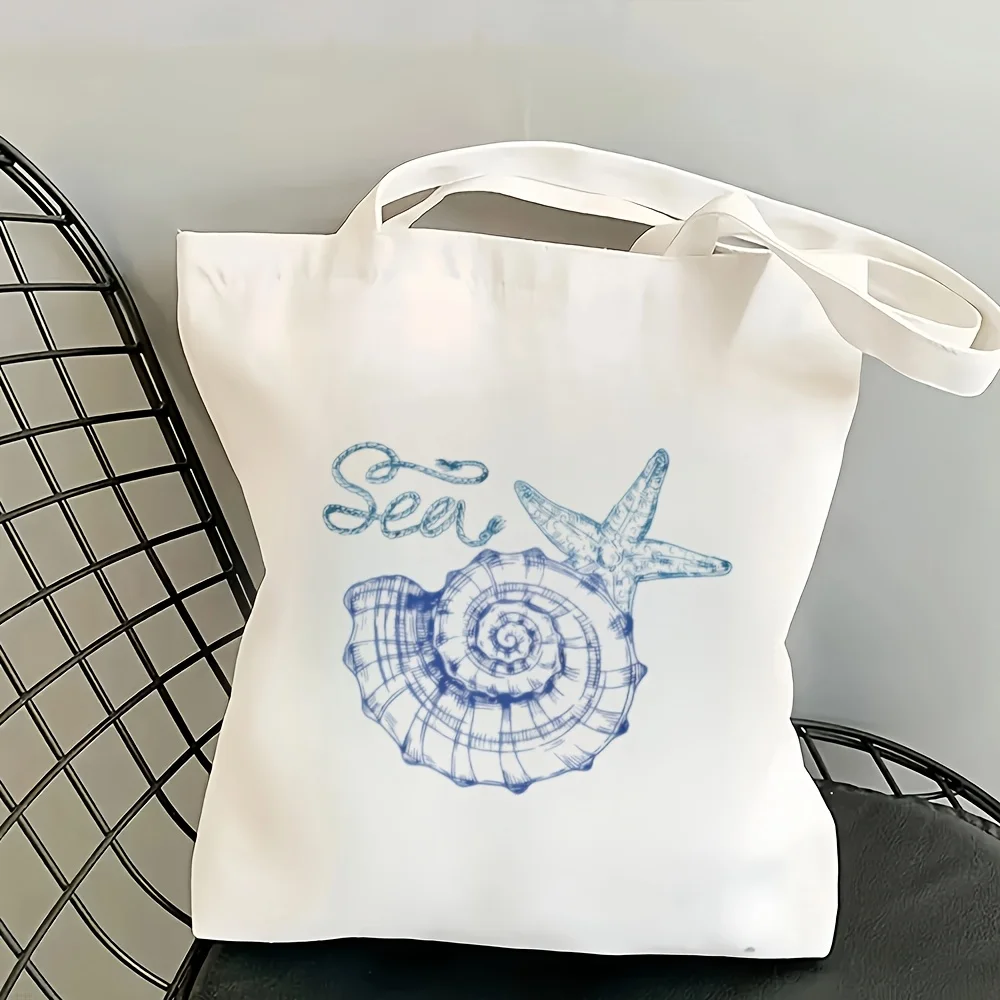 2D Flat Printing 1pc, Ocean-Themed Canvas Tote Bag - Seashell& Starfish Print, High-Quality Reusable Shoulder Handbag for Travel