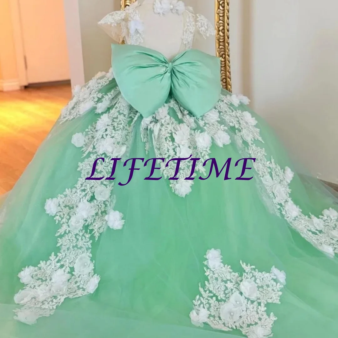 

Customized Light Green Flower Girl Dress For Wedding Appliques 3D Flowers With Bow Tulle Quinceanera Birthday Party Prom Gown
