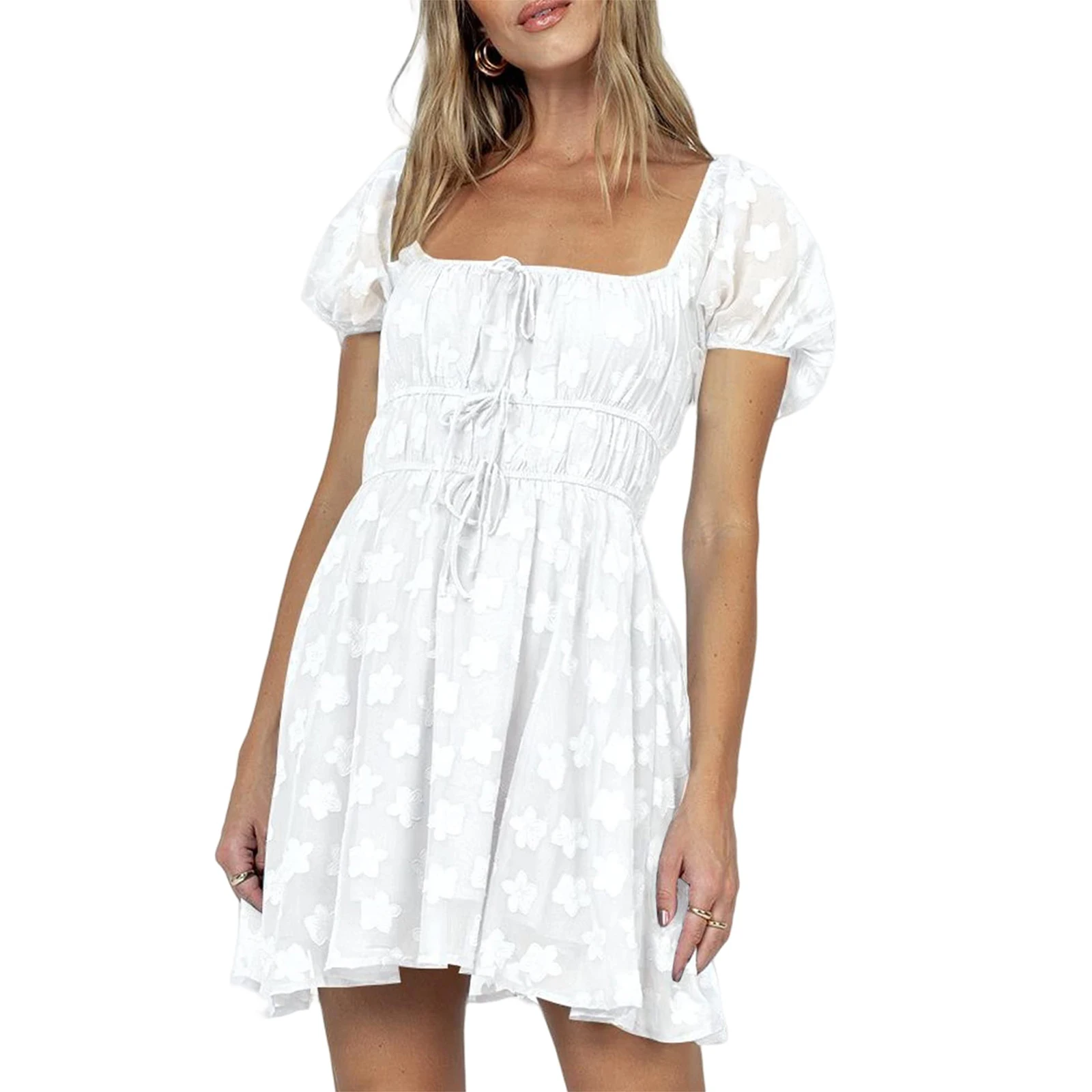 

Women's Summer Mini Dress Short Puff Sleeve Elastic Waist Solid Color Tie-up Front A-Line Dress