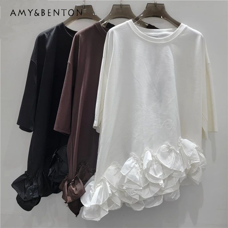 

Heavy Craft Irregular Ruffle O-Neck Short Sleeved T-shirt 2026 Korean Style Loose Slimming Solid Color Casual Women's T Shirts