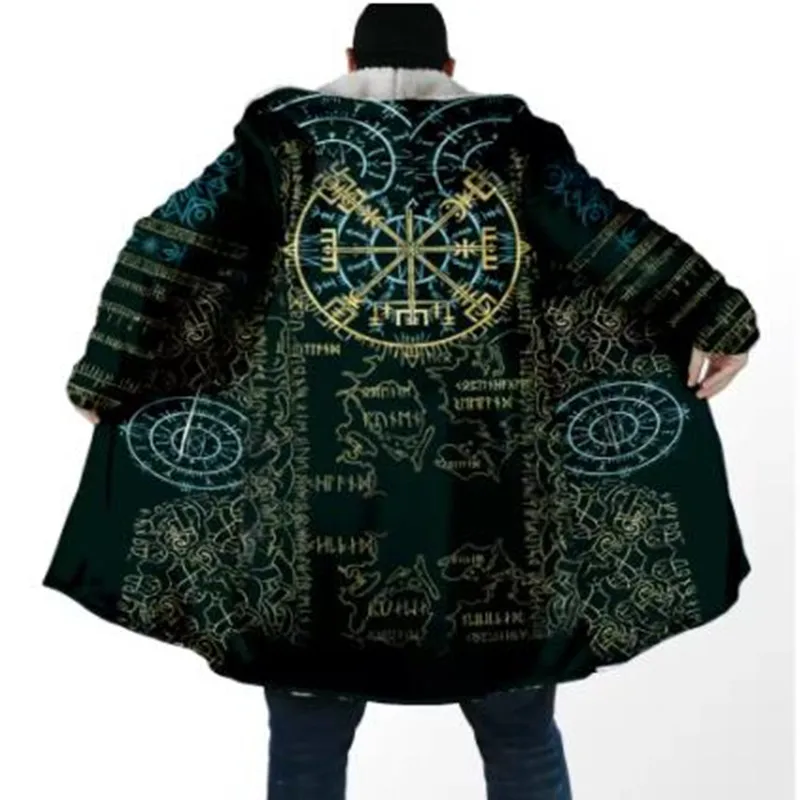 

Men's Winter Fashion Hooded Cloak Rune Tattoo 3D Printed Thick Wool Hooded Cloak Neutral Street Casual Thick Warm Cloak Q0314