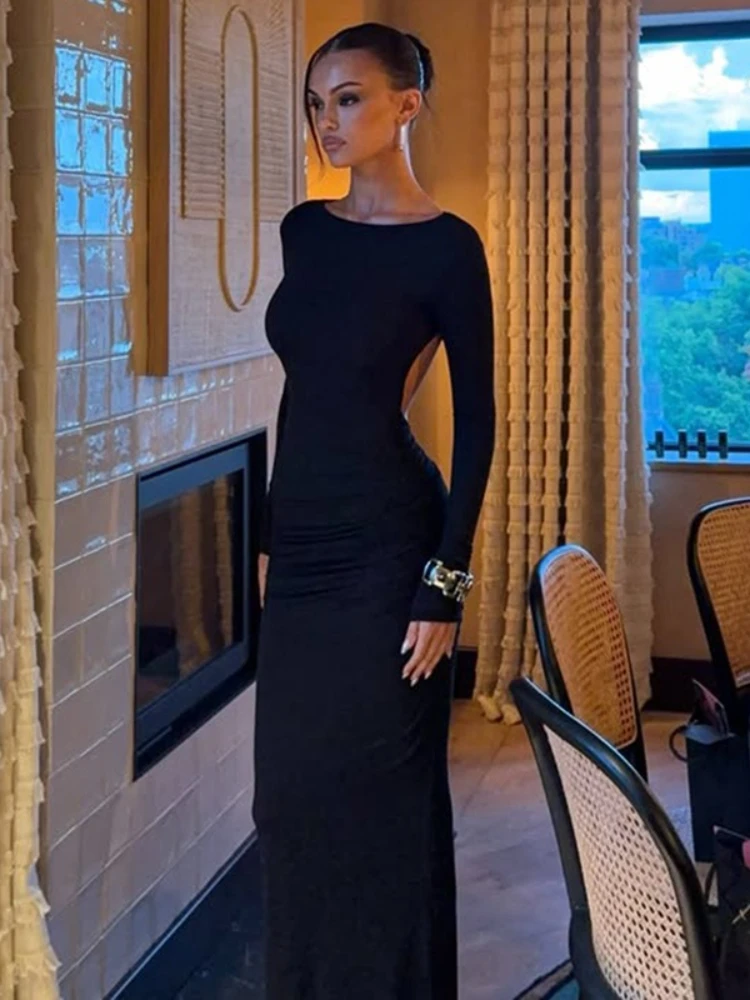 FDYOUI Sexy Aushöhlen Rückenfreies Schwarzes Kleid Party Outfit Frauen Elegante Volle Hülse Bodycon Cut Out Schlanke Lange Abendkleider