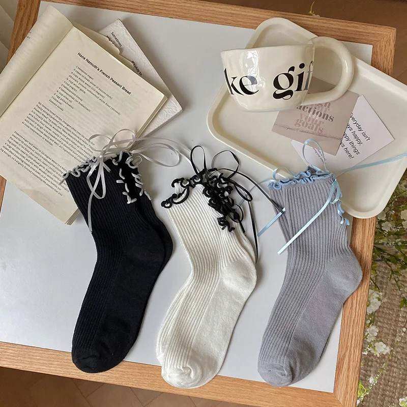 Amarrar meias femininas rendas fofas japonesas meia panturrilha verão meias finas e elegantes