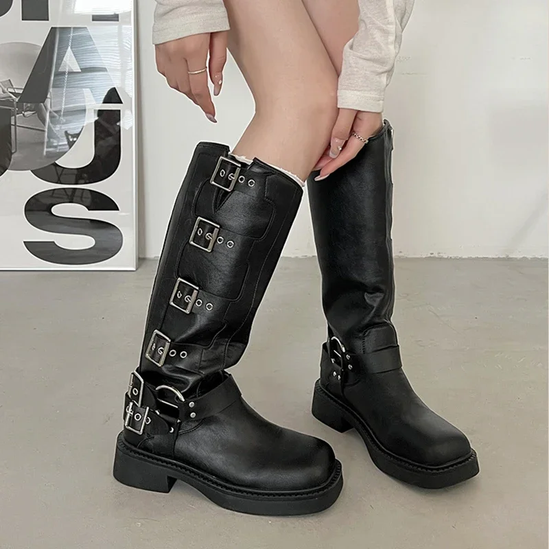 Woman Boots Knee High Platform Elegant Low Heel Trend Punk Gothic New Pu Leather Fashion Women's Shoes Motorcycle Botas Footwear