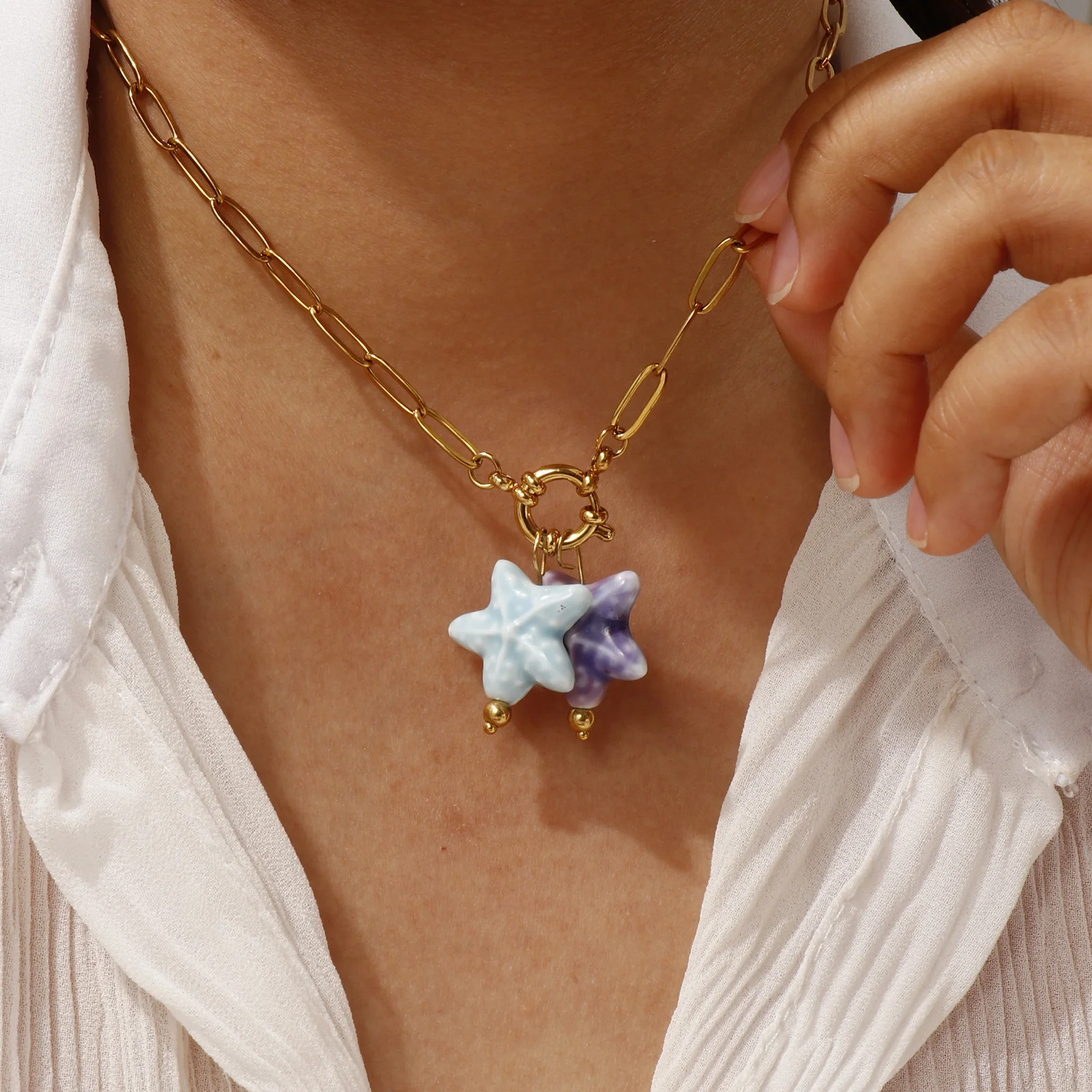 

Stainless Steel Ceramic Pendant Necklace For Women Jewelry Hot Ocean 18K Gold Plated Paperclip Link Chain Mauve Star Fish 40cm
