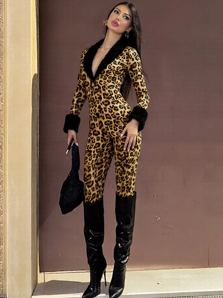 Леопардовые женские комбинезоны на осень-зиму, с длинным рукавом и v-образным вырезом, свободные модные уличные комбинезоны, широкие брюки, брюки 2025