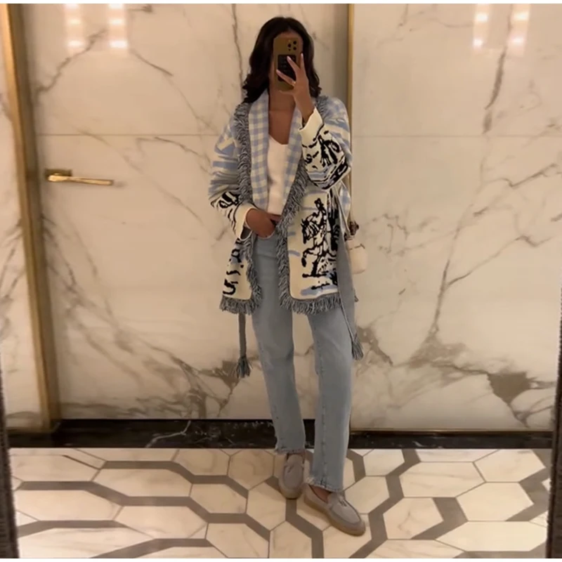 Knitted Jacquard Tassels Patchwork Cardigans Women Sweaters Long Sleeve V-neck Thicken Vacation Sweater 2025 Autumn Coats Tops