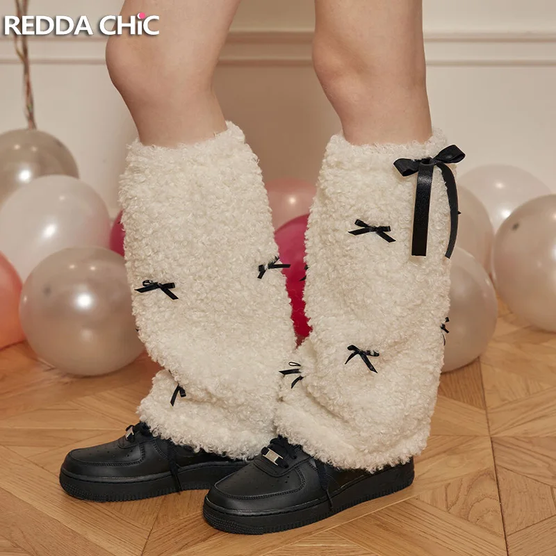 

ReddaChic Kawaii Girl Bow Stitch Leg Warmers Winter White Fleece Plush Boots Cover Knee Long Socks 90s Retro Y2k Women's Gaiter