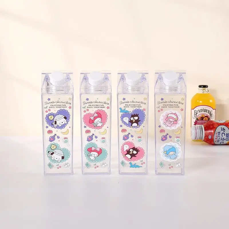 Botella de agua transparente de dibujos animados para niños, caja de zumo con forma de cartón, Sanrios, Kittys, Kuromi, Cinnamoroll, My Melody, Kawaii, regalo para niños, 1000Ml