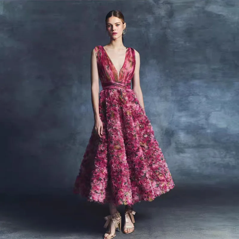 

2025 New Sexy Print Evening Dr Women's Faionable Lady Aosphere Cross-Border Clothing Silk Fabric Gathered Waist for Par