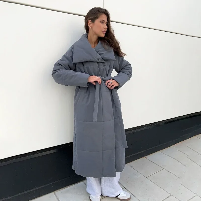 

2024 winter long cotton coat, loose casual warm long stand-up neck cotton coat