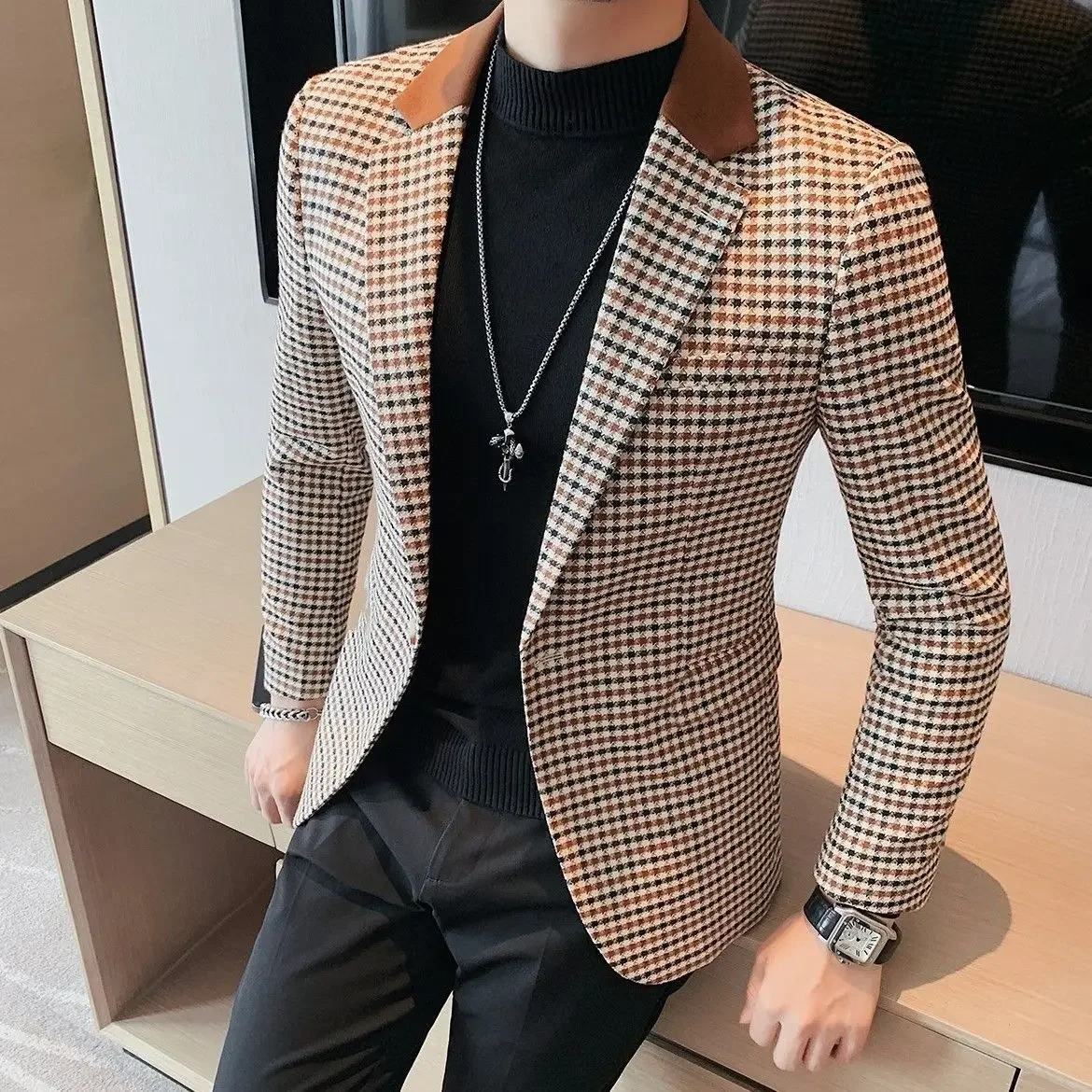 Coats Thin Slim Fit Man Business Suits and Blazers Plaid Spring Clothes Trendy 2024 Gentleman Casual New In Dress Jacket for Men