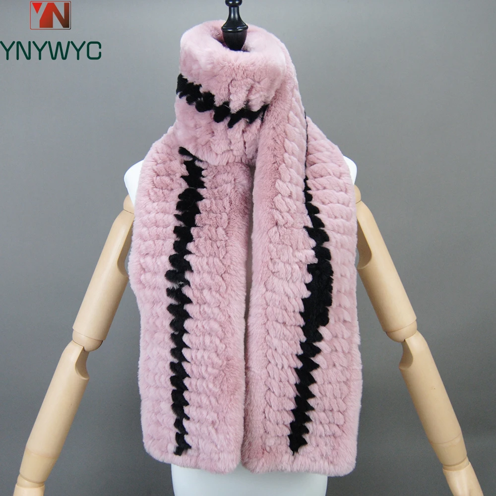 Long Style Lady Knit Real Genuine Rex Rabbit Fur Scarf Winter Knitted Rex Rabbit Fur Scarves Women Rex Rabbit Fur Neck Warmer