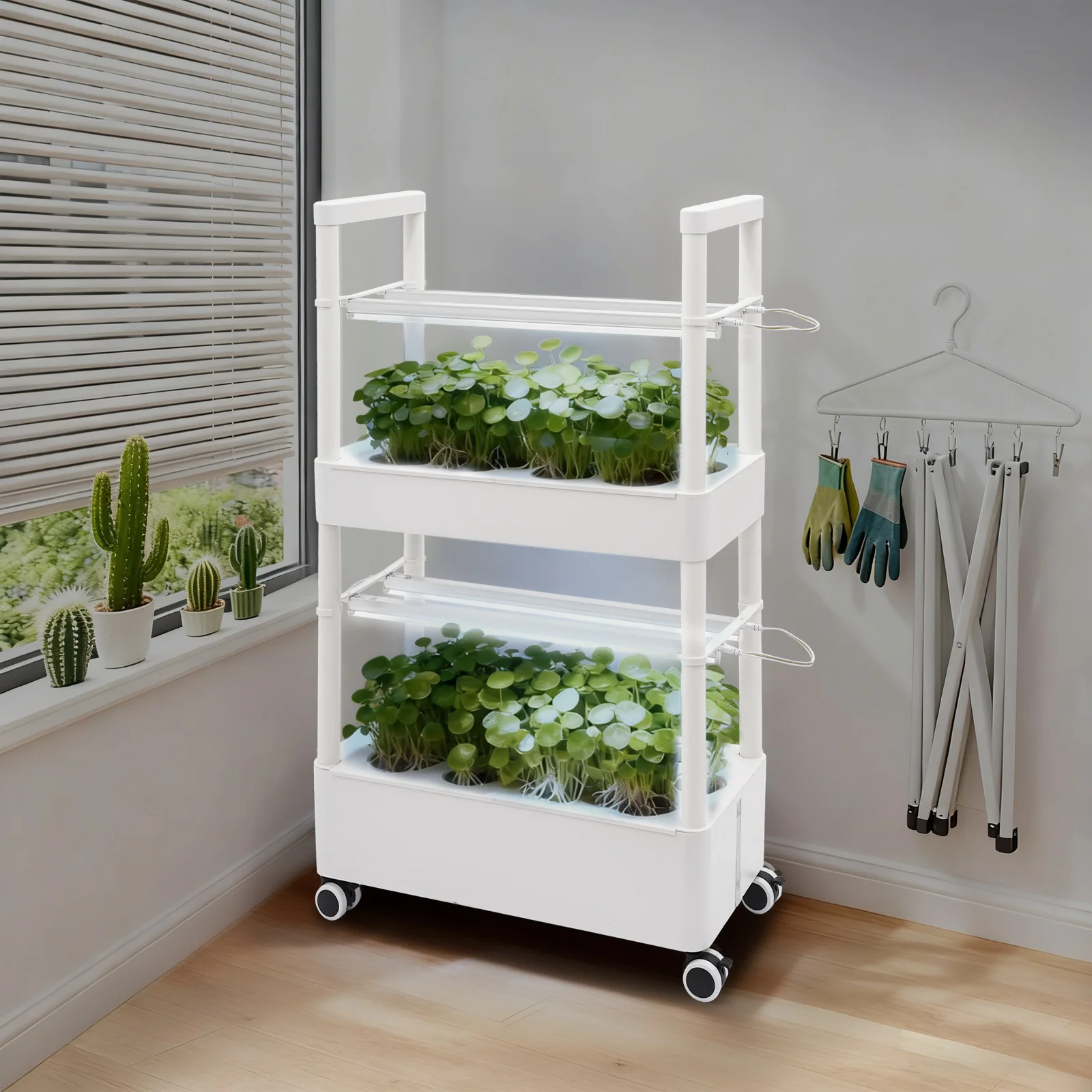 Chariot hydroponique à 2 couches et 28 trous avec lumière, Kit de culture hydroponique Standard européenne avec lumières de croissance pour la culture de légumes feuilletés, Etc.