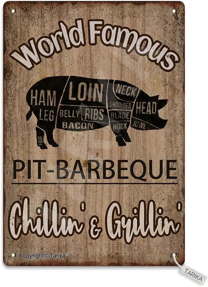 World Famous Pit-Barbeque Chillin' &Grillin' Vintage Look Metal 8X12 Inch Decoration Art Sign for Home Kitchen Bathr